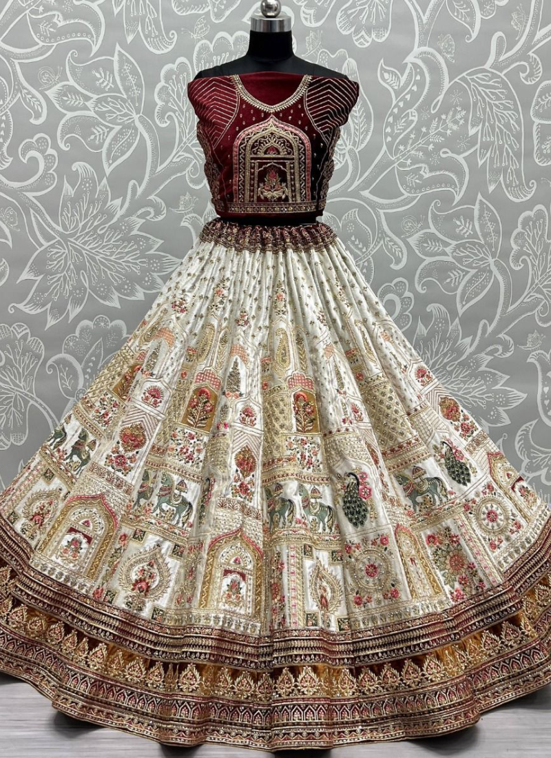 Zari Embroidered White Velvet Bridal Lehenga With Maroon Blouse