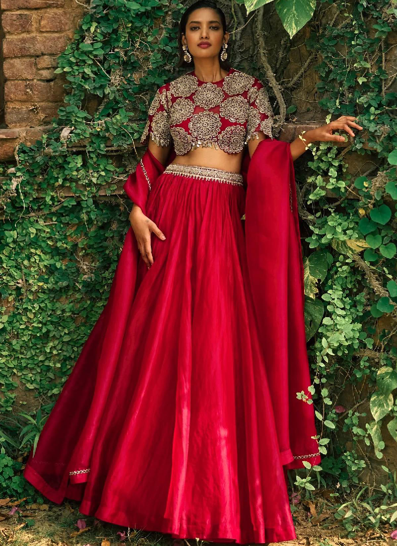 Zari Embroidery Work Roman Silk Reception Wear Red Lehenga Choli Set