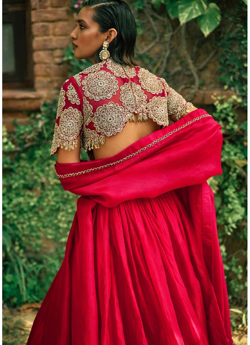 Zari Embroidery Work Roman Silk Reception Wear Red Lehenga Choli Set