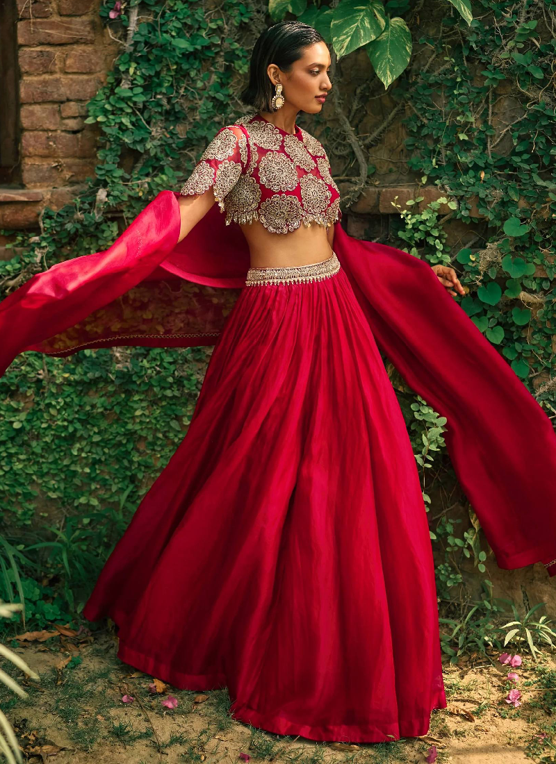 Zari Embroidery Work Roman Silk Reception Wear Red Lehenga Choli Set