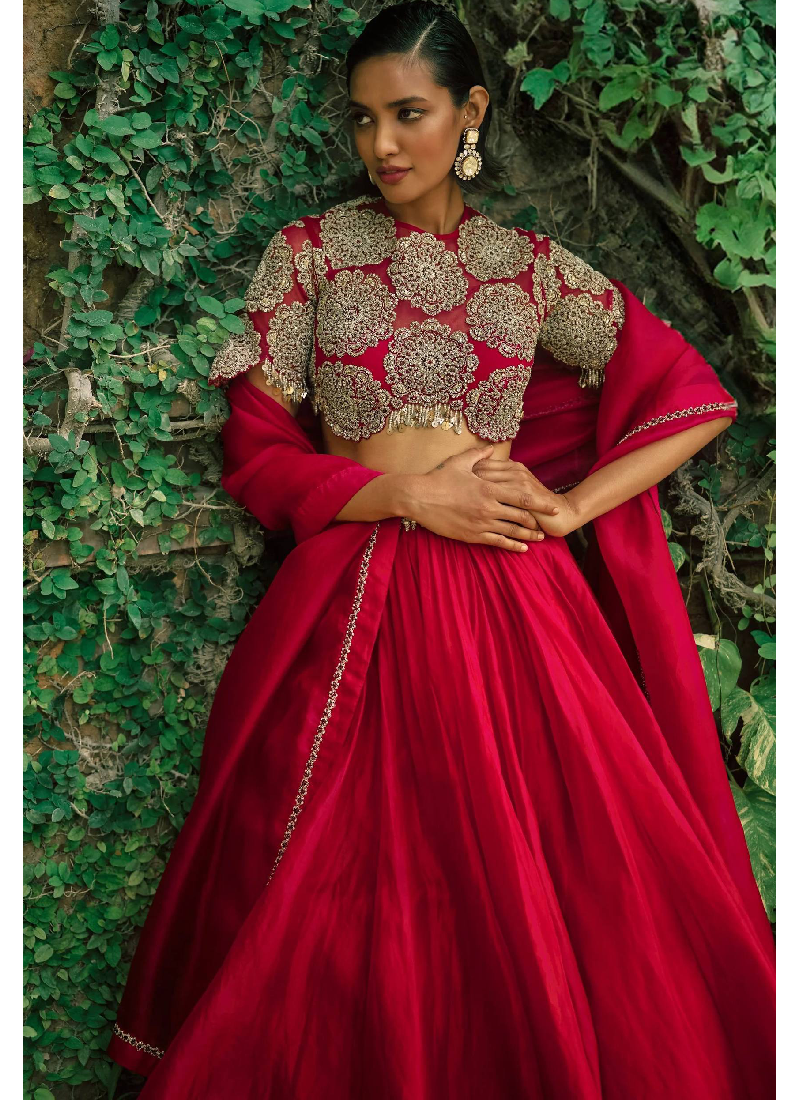Zari Embroidery Work Roman Silk Reception Wear Red Lehenga Choli Set