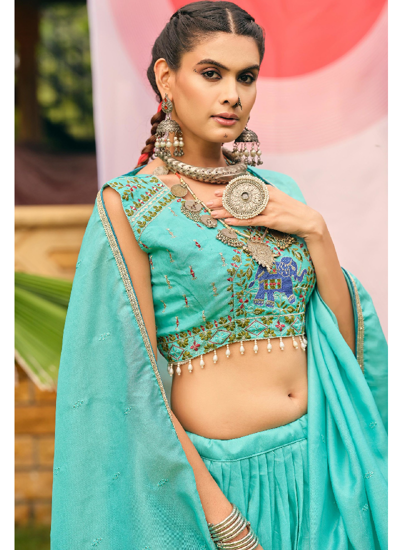 Zari Embroidery Work Shimmer Silk Sky Blue Lehenga Choli For Women