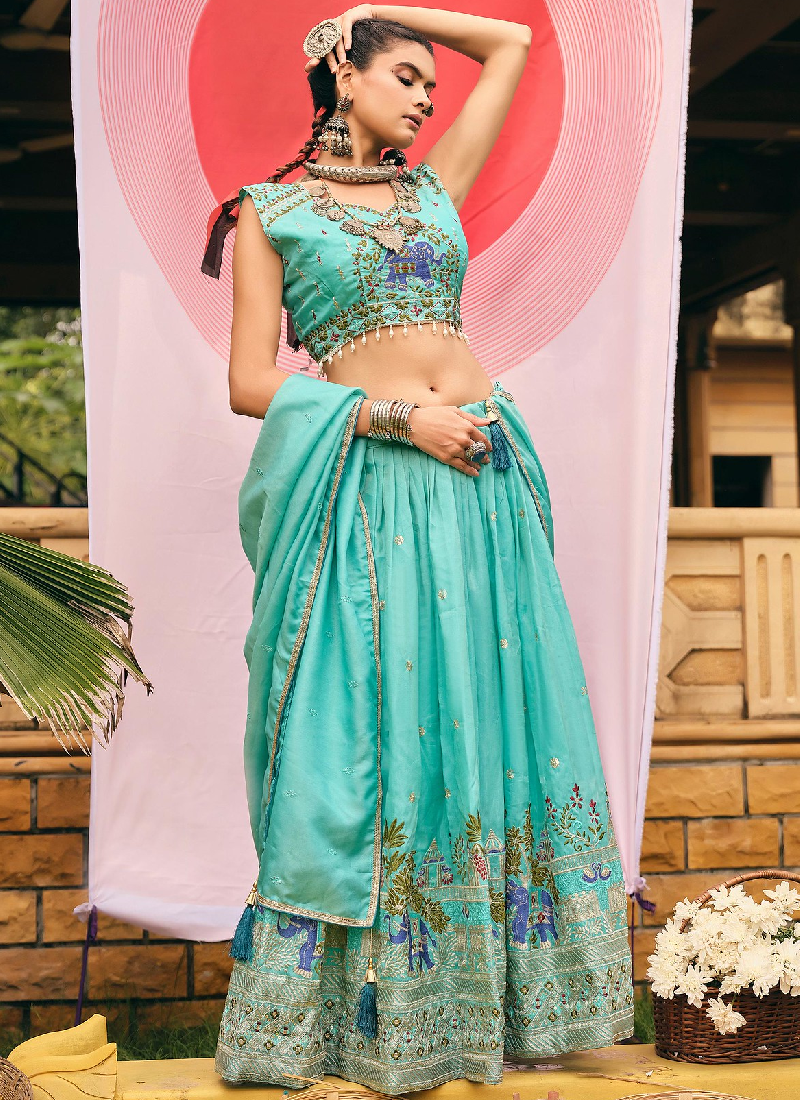 Zari Embroidery Work Shimmer Silk Sky Blue Lehenga Choli For Women
