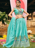 Zari Embroidery Work Shimmer Silk Sky Blue Lehenga Choli For Women