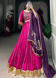Zari Line Gota Patti Design Chanderi Pink Chaniya Choli For Navratri