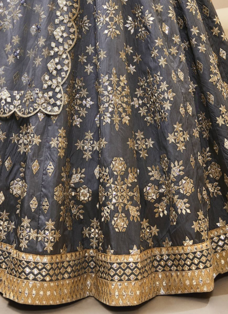 Zari Mirror Work Mulberry Silk Grey Designer Lehenga Choli