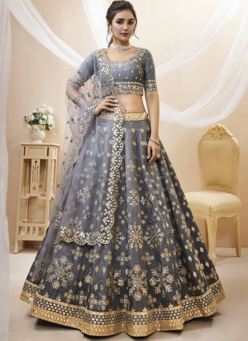 Zari Mirror Work Mulberry Silk Grey Designer Lehenga Choli