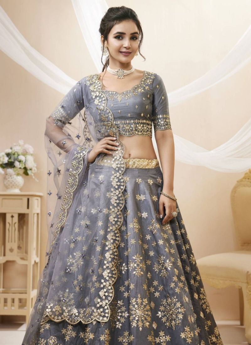 Zari Mirror Work Mulberry Silk Grey Designer Lehenga Choli