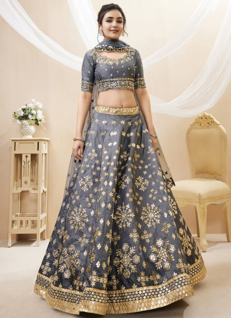 Zari Mirror Work Mulberry Silk Grey Designer Lehenga Choli