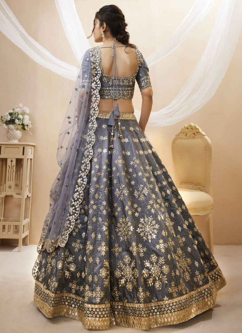 Zari Mirror Work Mulberry Silk Grey Designer Lehenga Choli