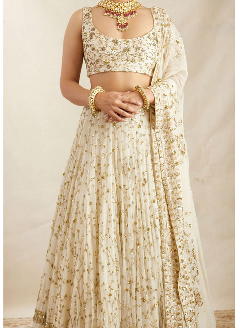 Zari Sequence Embroidered Georgette White Lehenga Choli