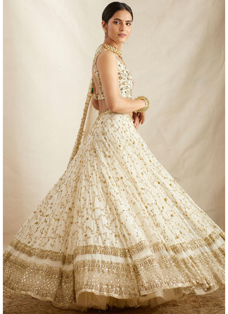 Zari Sequence Embroidered Georgette White Lehenga Choli