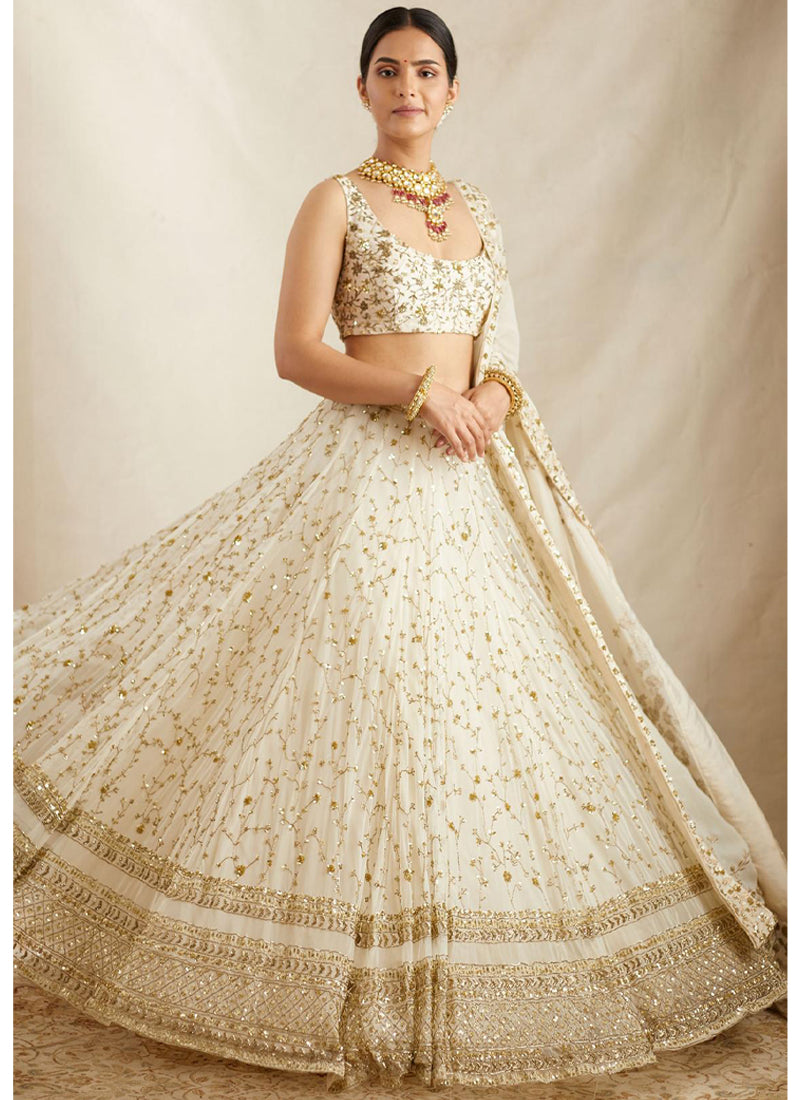 Zari Sequence Embroidered Georgette White Lehenga Choli