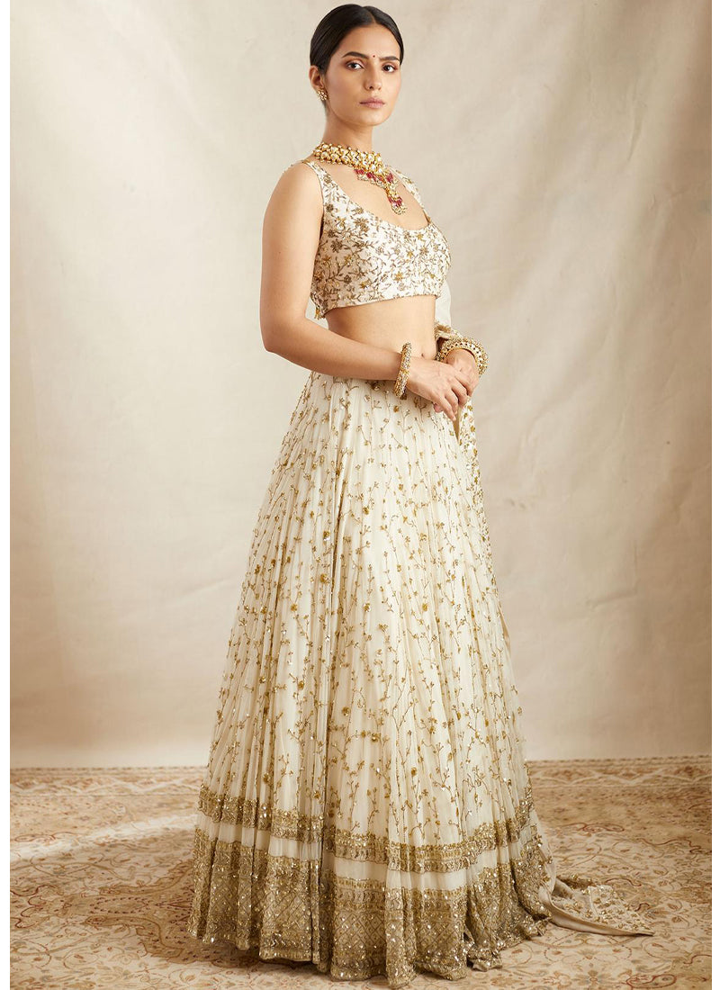 Zari Sequence Embroidered Georgette White Lehenga Choli
