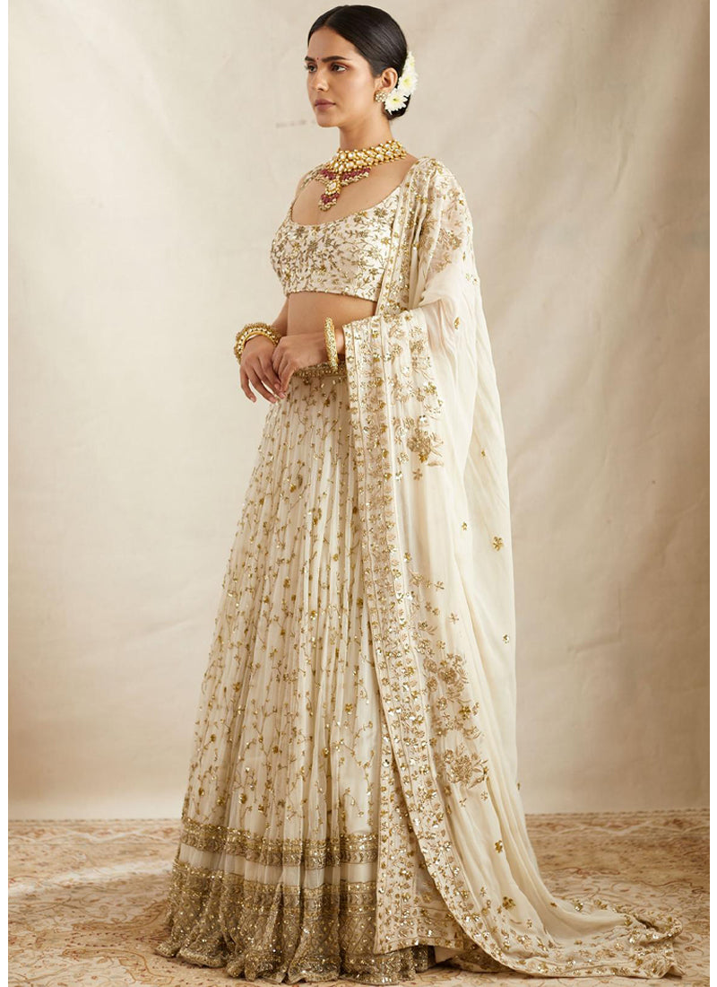 Zari Sequence Embroidered Georgette White Lehenga Choli