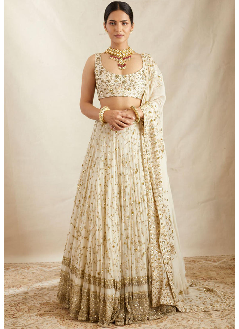 Zari Sequence Embroidered Georgette White Lehenga Choli
