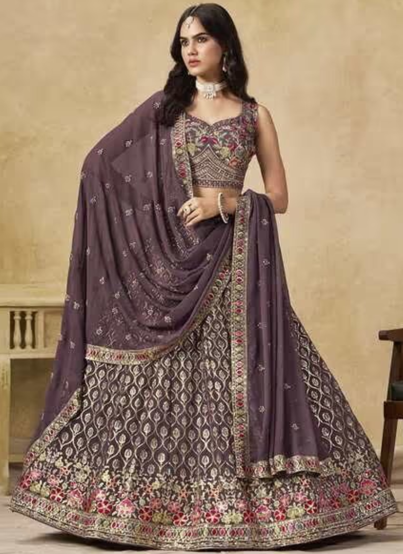 Zari Sequence Embroidery Dusty Purple Georgette Lehenga Choli For Women