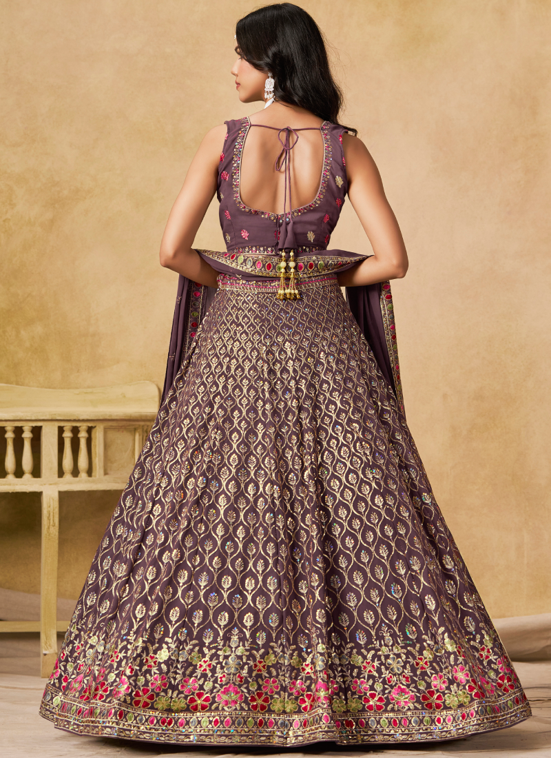 Zari Sequence Embroidery Dusty Purple Georgette Lehenga Choli For Women