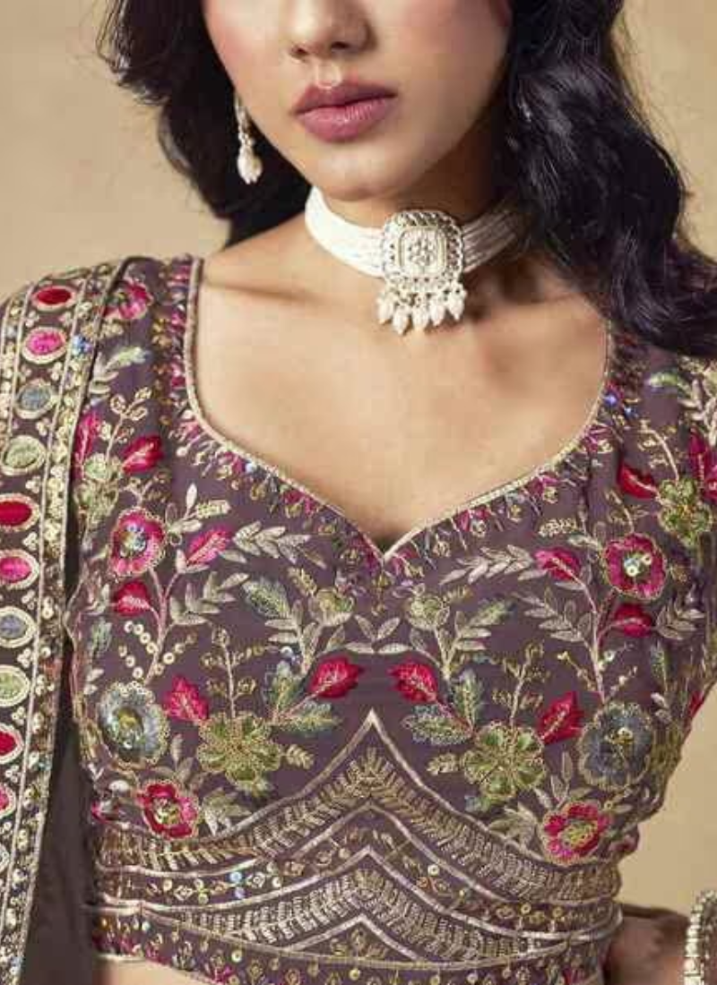 Zari Sequence Embroidery Dusty Purple Georgette Lehenga Choli For Women