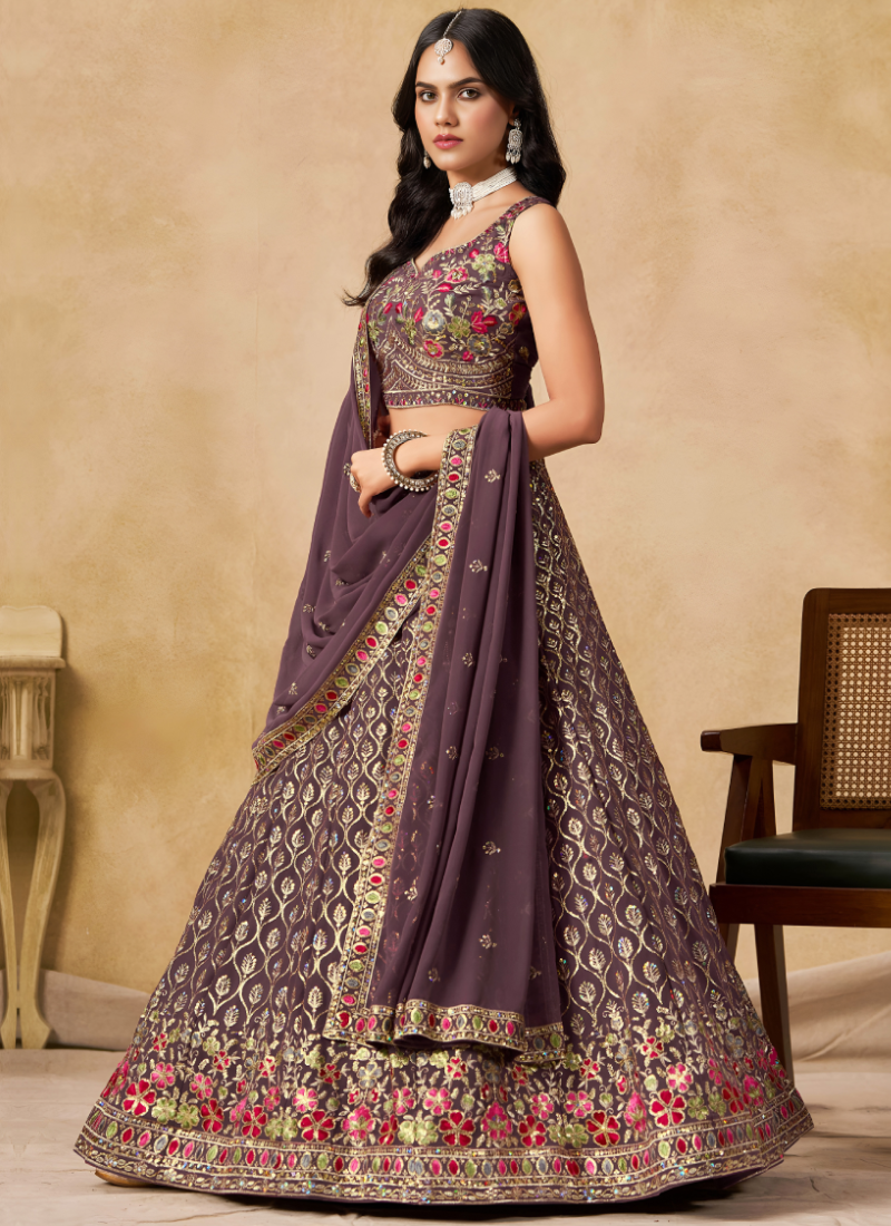 Zari Sequence Embroidery Dusty Purple Georgette Lehenga Choli For Women