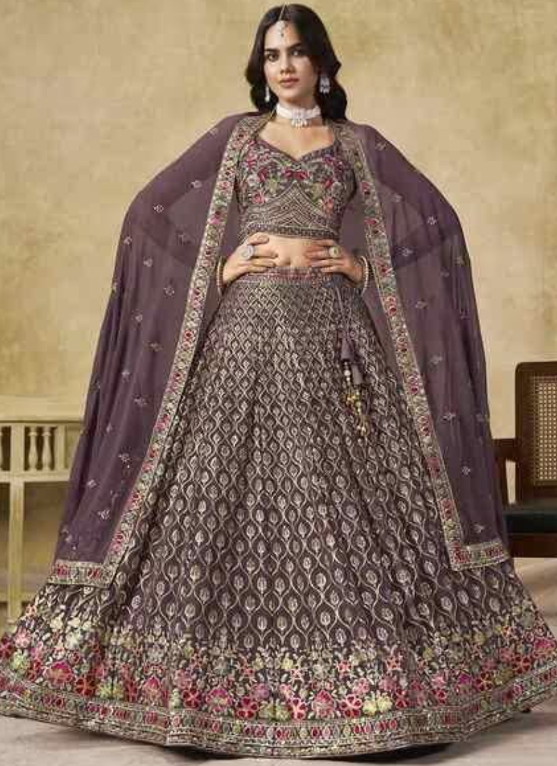 Zari Sequence Embroidery Dusty Purple Georgette Lehenga Choli For Women