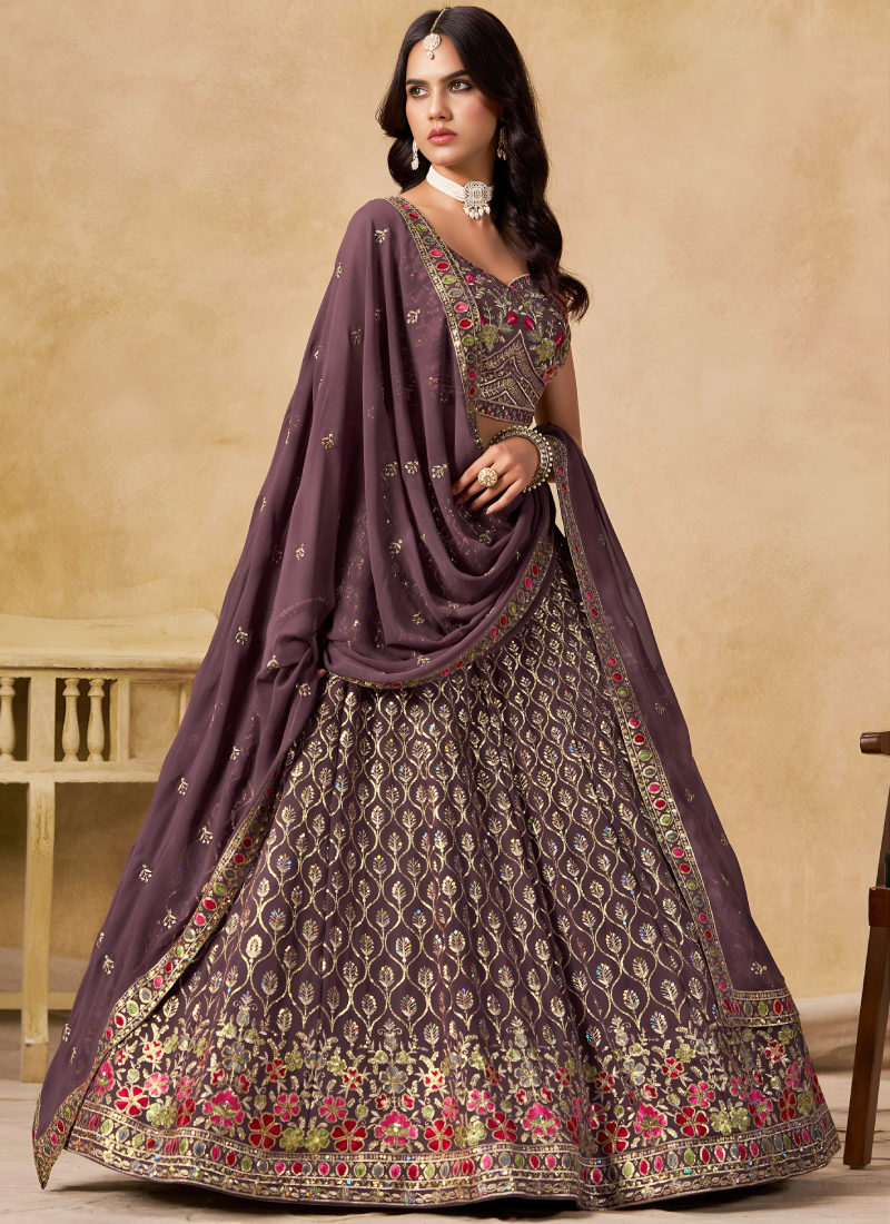 Zari Sequence Embroidery Dusty Purple Georgette Lehenga Choli For Women