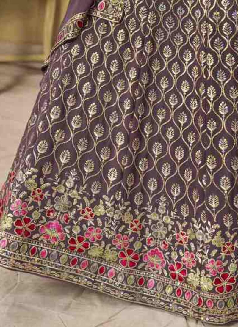 Zari Sequence Embroidery Dusty Purple Georgette Lehenga Choli For Women