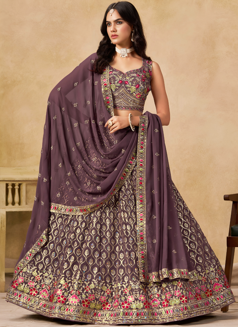 Zari Sequence Embroidery Dusty Purple Georgette Lehenga Choli For Women