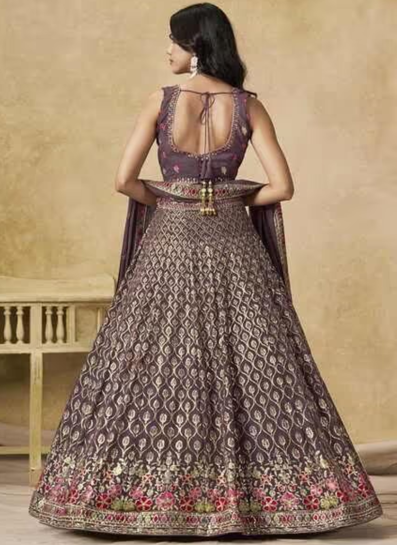 Zari Sequence Embroidery Dusty Purple Georgette Lehenga Choli For Women