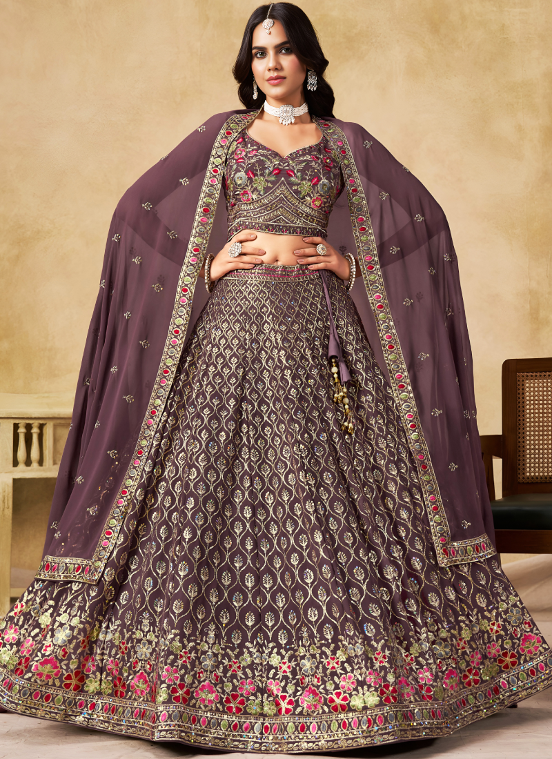 Zari Sequence Embroidery Dusty Purple Georgette Lehenga Choli For Women