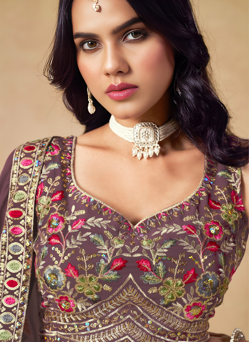 Zari Sequence Embroidery Dusty Purple Georgette Lehenga Choli For Women