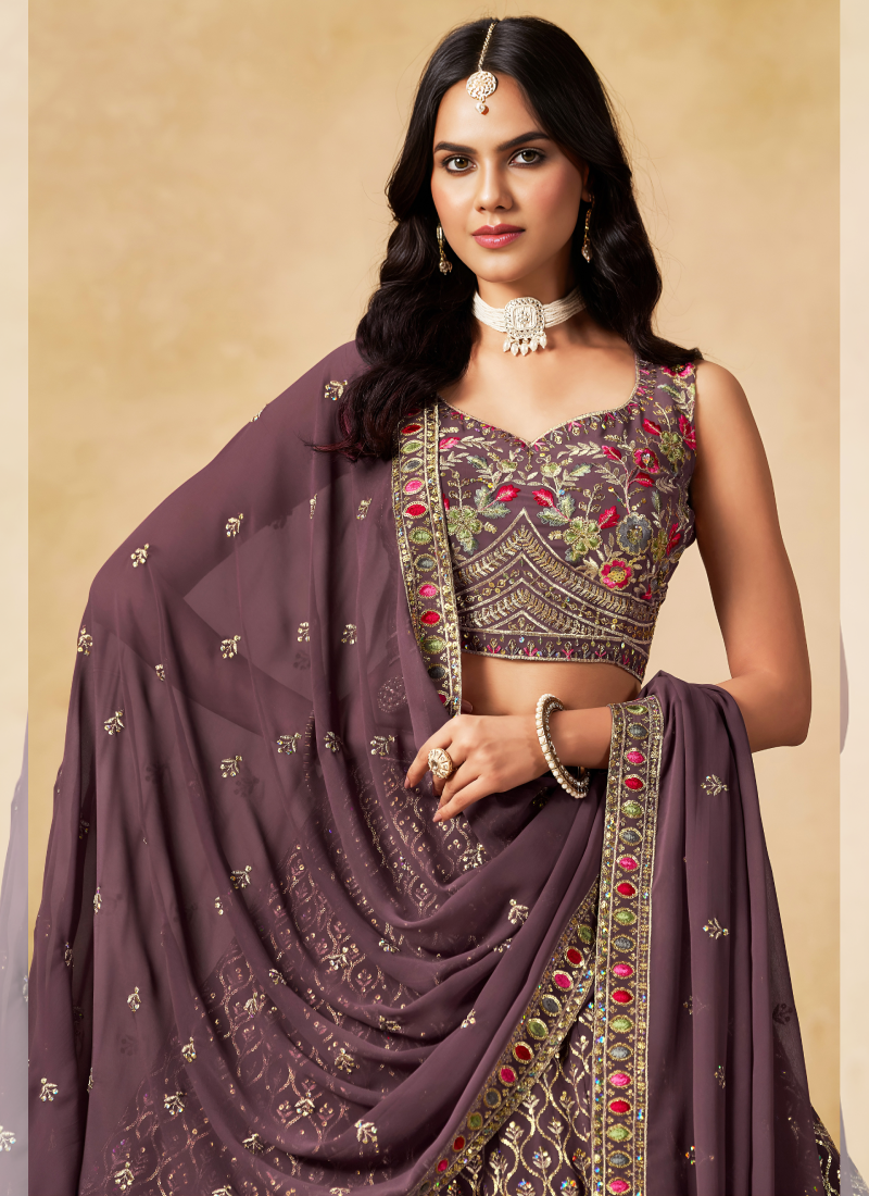 Zari Sequence Embroidery Dusty Purple Georgette Lehenga Choli For Women