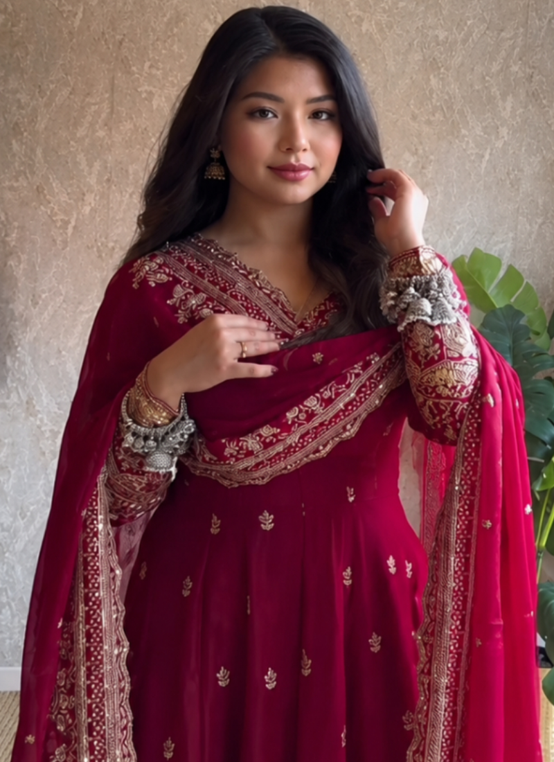 Zari Sequence Embroidery Royal Rani Pink Fandy Satin Anarkali Set