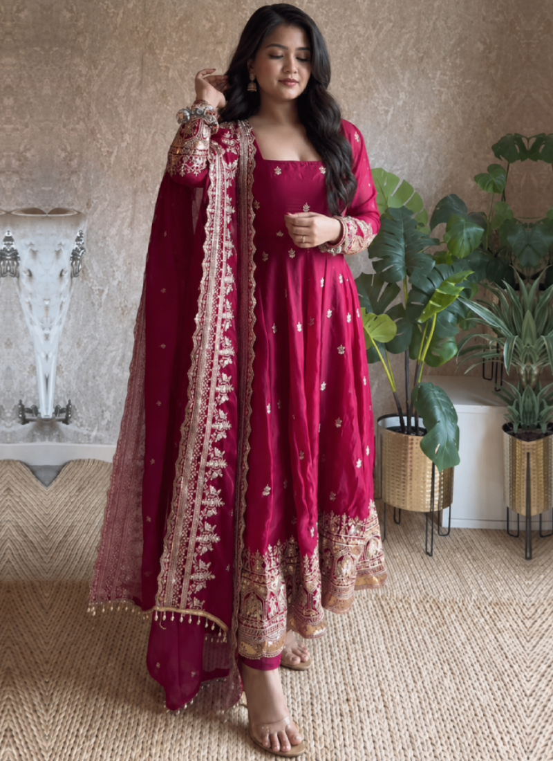Zari Sequence Embroidery Royal Rani Pink Fandy Satin Anarkali Set