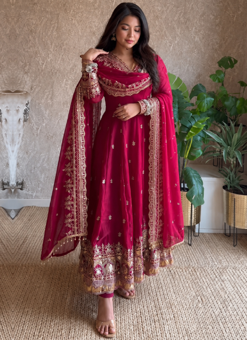 Zari Sequence Embroidery Royal Rani Pink Fandy Satin Anarkali Set
