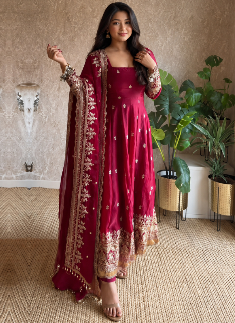Zari Sequence Embroidery Royal Rani Pink Fandy Satin Anarkali Set