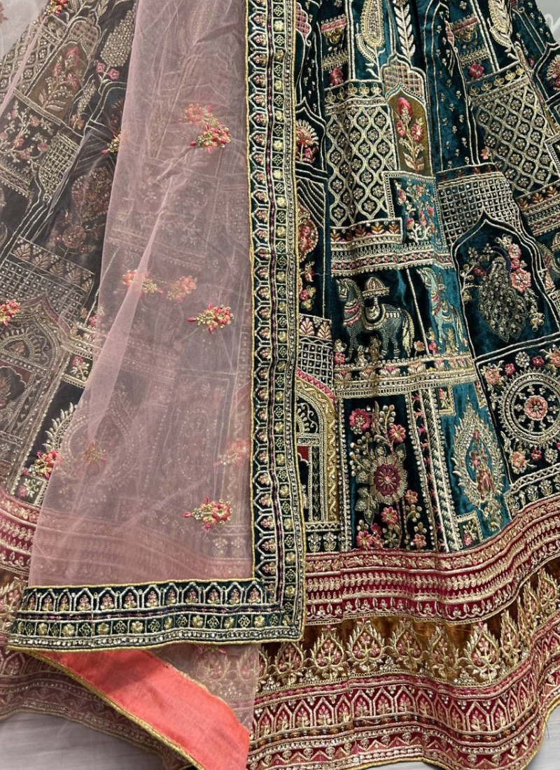 Zari Sequence Work Velvet Teal Blue Lehenga Choli For Bridal