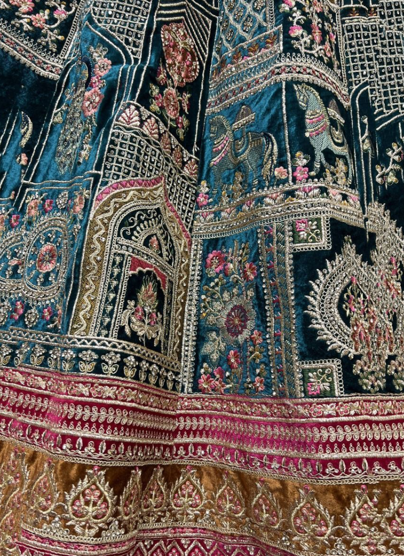 Zari Sequence Work Velvet Teal Blue Lehenga Choli For Bridal