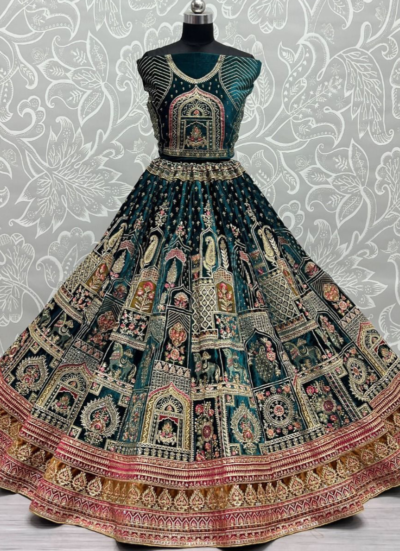 Zari Sequence Work Velvet Teal Blue Lehenga Choli For Bridal