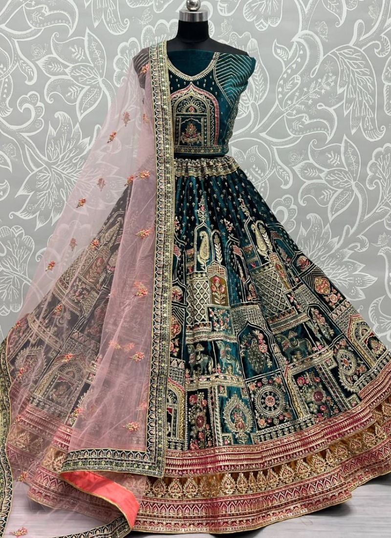 Zari Sequence Work Velvet Teal Blue Lehenga Choli For Bridal