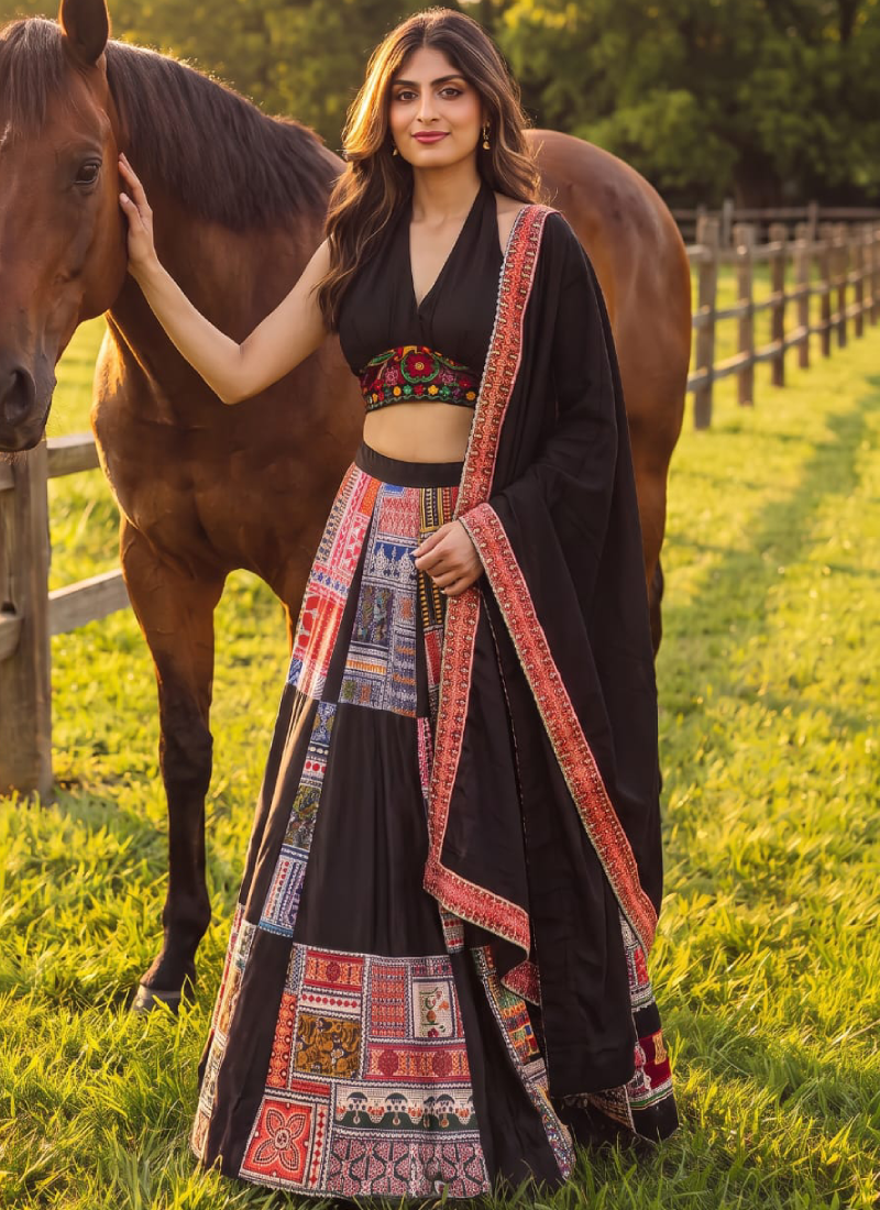 Zari Thread French Crepe Black Navratri Wear Printed Lehenga Choli