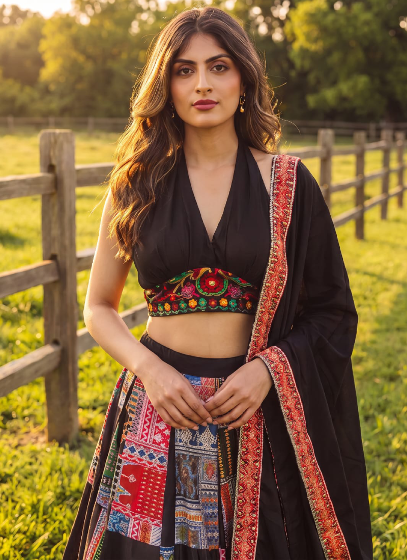 Zari Thread French Crepe Black Navratri Wear Printed Lehenga Choli