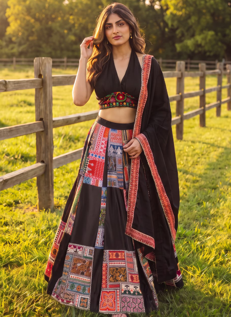 Zari Thread French Crepe Black Navratri Wear Printed Lehenga Choli