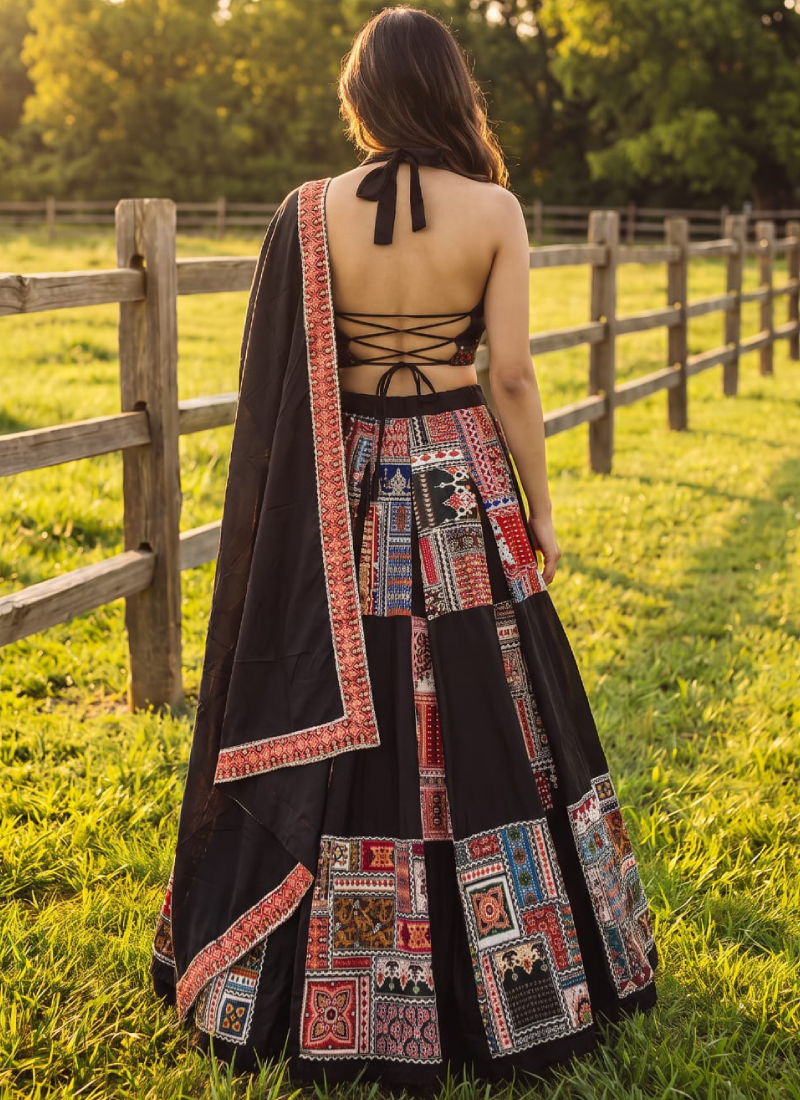 Zari Thread French Crepe Black Navratri Wear Printed Lehenga Choli