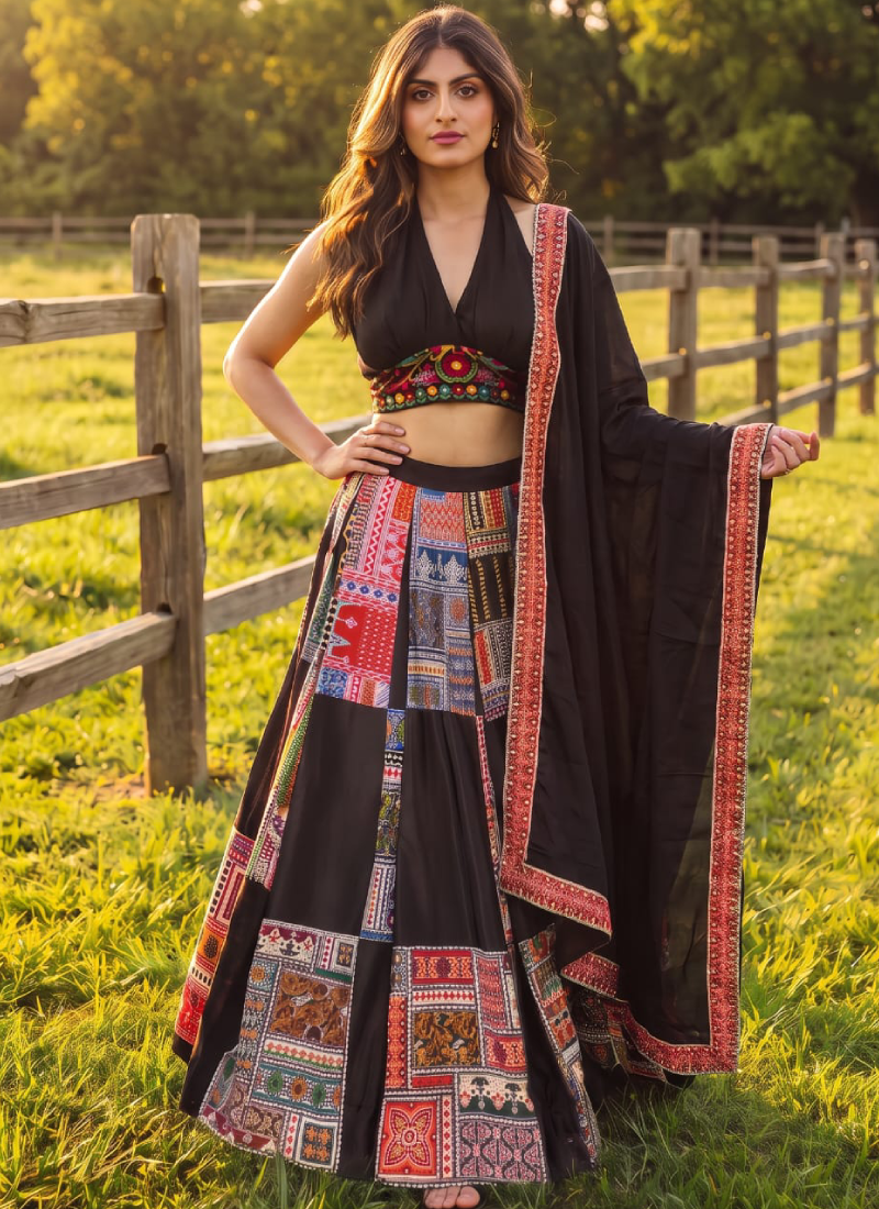 Zari Thread French Crepe Black Navratri Wear Printed Lehenga Choli