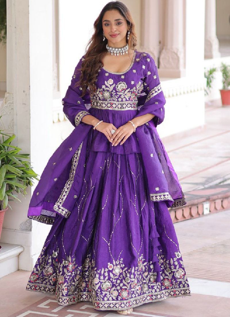 Zari Thread Work Gold Crush Purple Lehenga With Peplum Top For Women