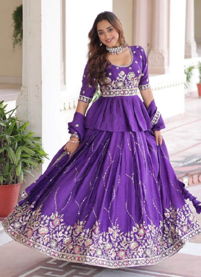 Zari Thread Work Gold Crush Purple Lehenga With Peplum Top For Women