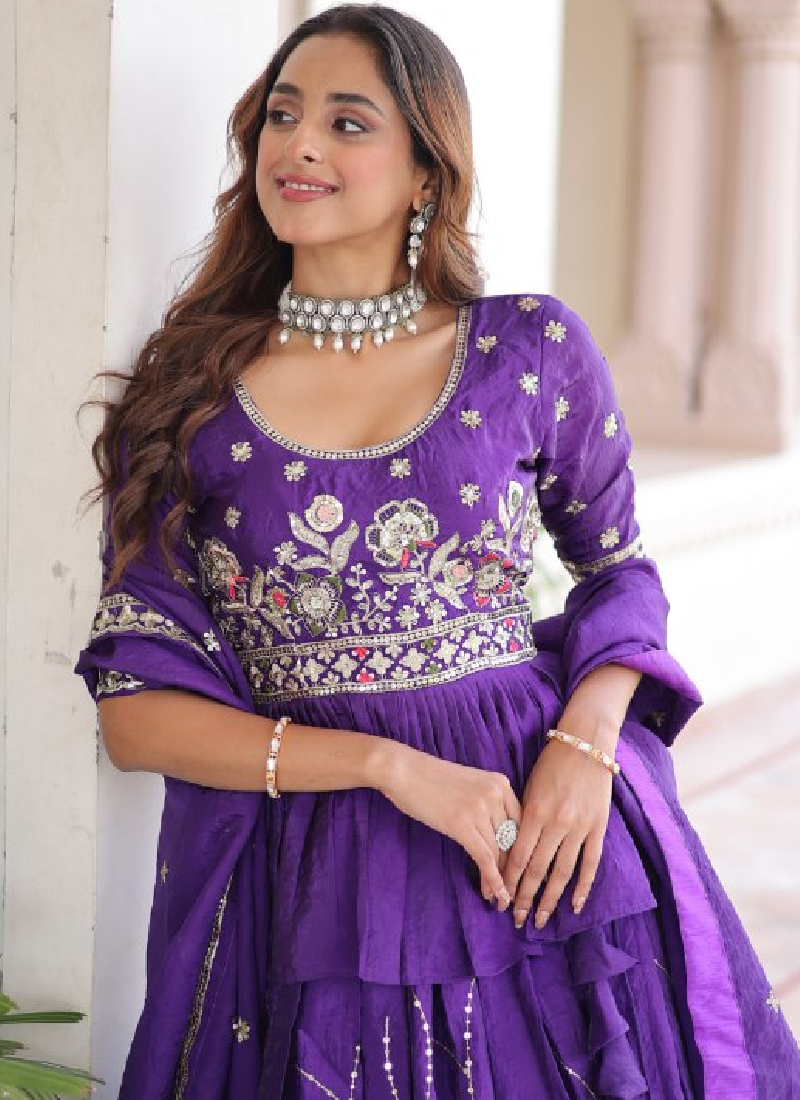 Zari Thread Work Gold Crush Purple Lehenga With Peplum Top For Women