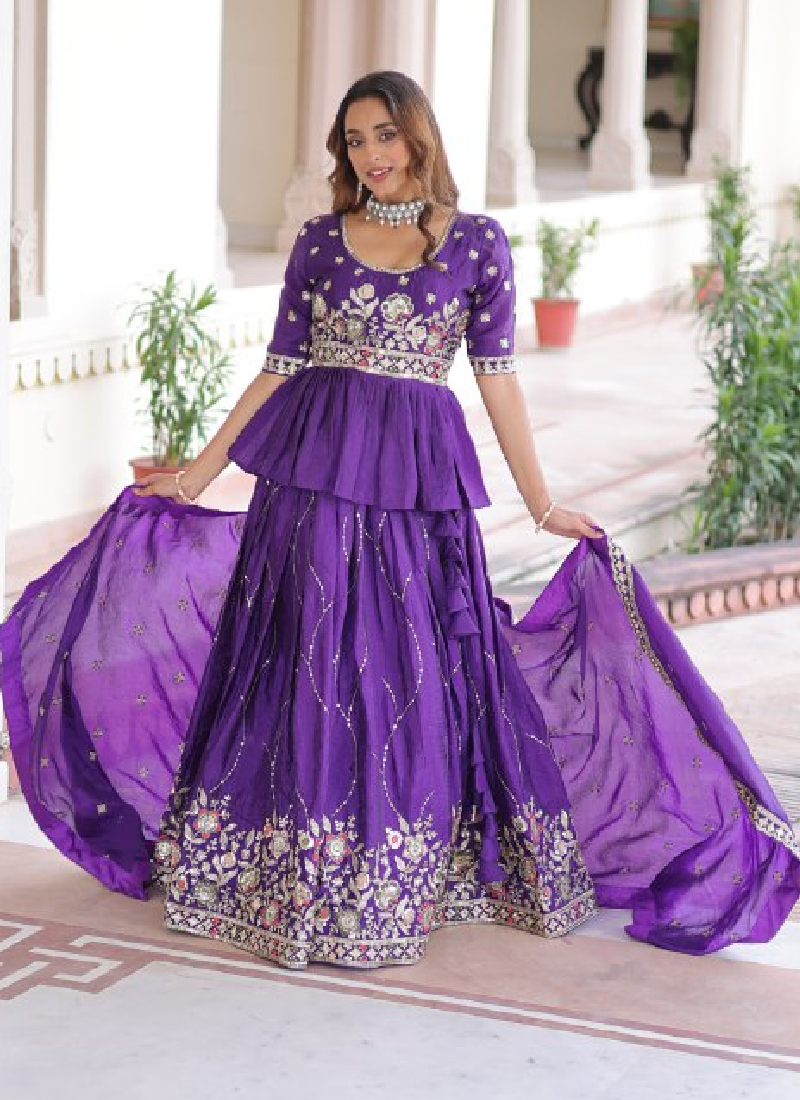 Zari Thread Work Gold Crush Purple Lehenga With Peplum Top For Women