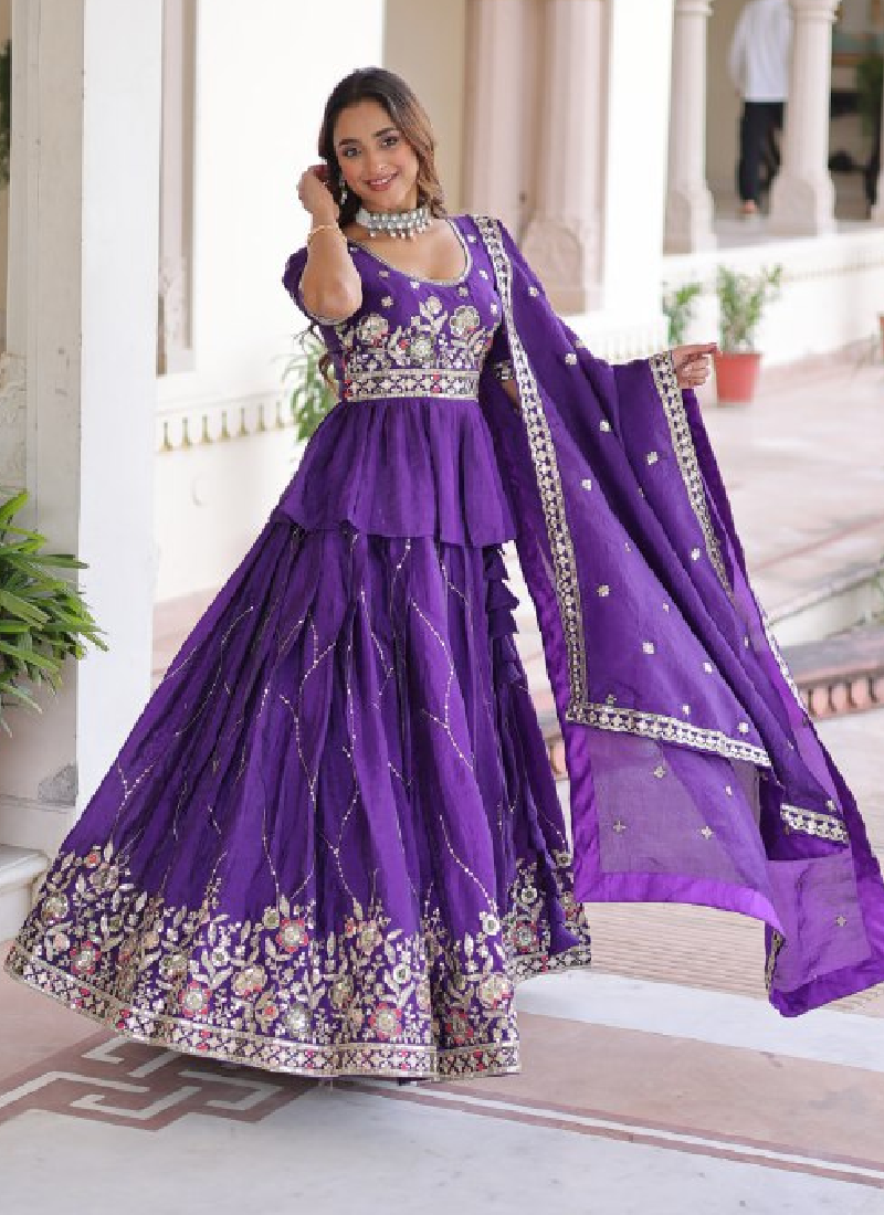 Zari Thread Work Gold Crush Purple Lehenga With Peplum Top For Women